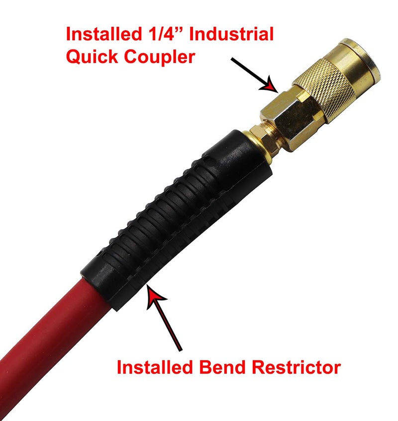 YOTOO Rubber Lead-in Air Hose 3/8-Inch by 6-Feet 300 PSI Heavy Duty, Kink Resistant, All-Weather Flexibility with 1/4-Inch Brass Male Fittings, Bend Restrictors, Red - Image 3